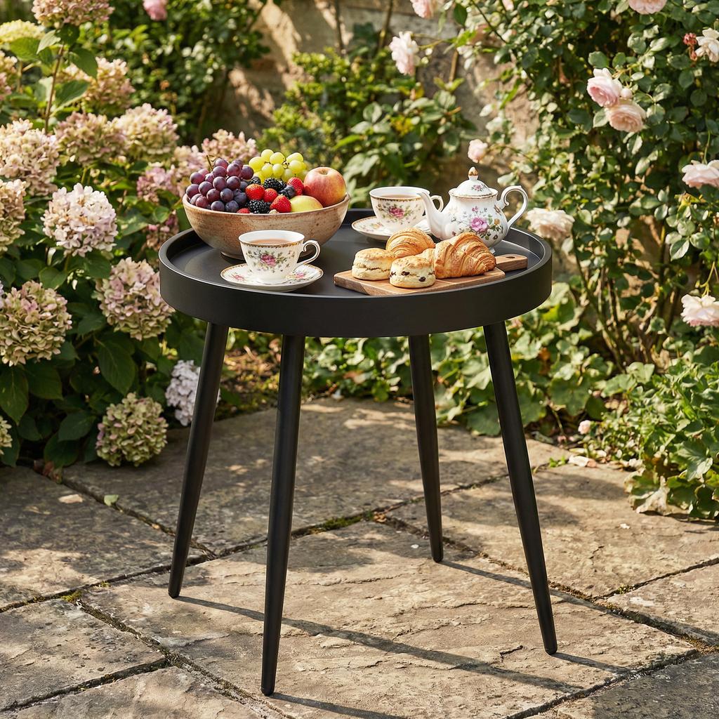 49.5 Cm Round Garden Table, Small Outdoor Coffee Side Table with Plastic Tray-Style Top, Metal Legs, Black