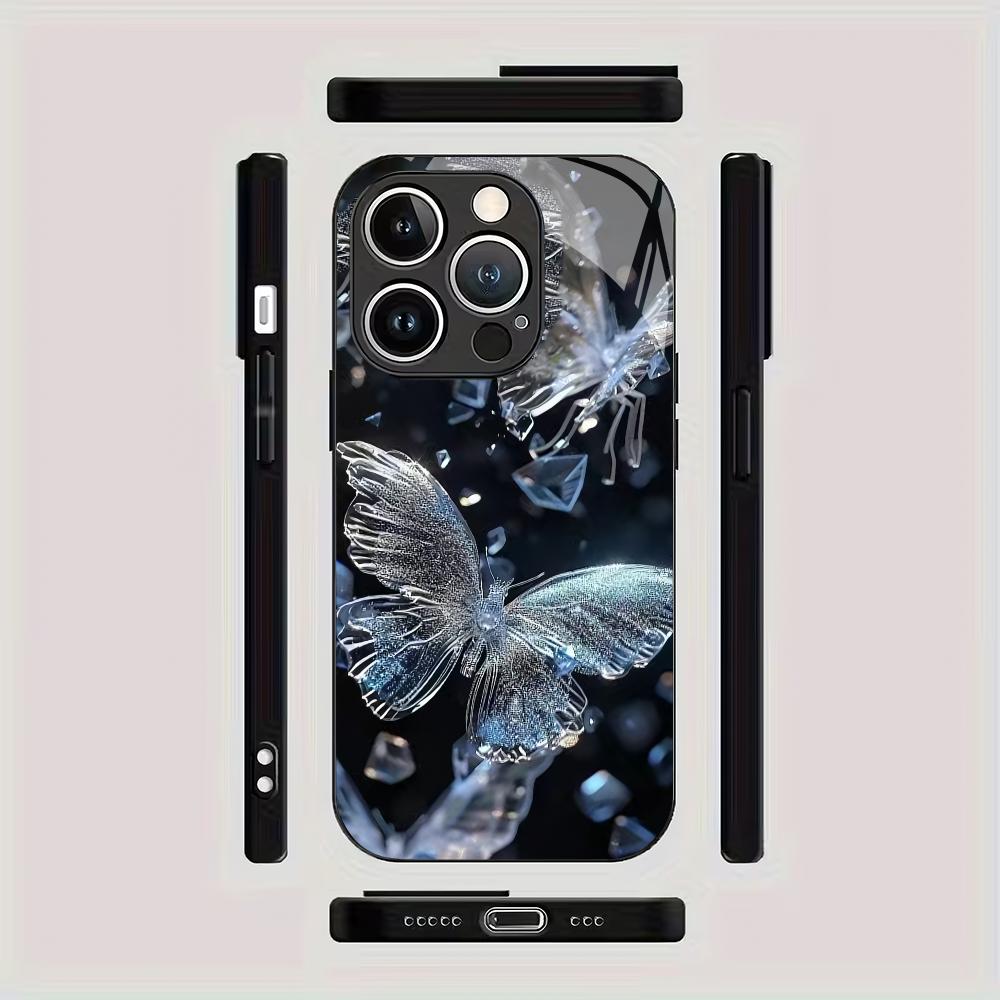 Diamant-Schmetterlingsmuster gehärtetes Glas Handyhülle geeignet für iPhone 17 16 15 14 13 12 11 Pro/Max/Plus Sturzfestes Rückcover