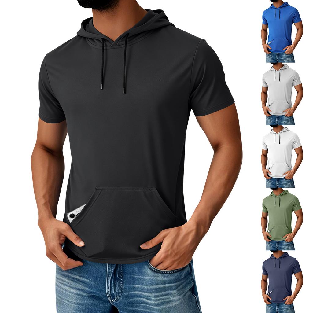 Men's Hooded Pocket Top Men's Casual Sports Quick Drying Short Sleeved Top
