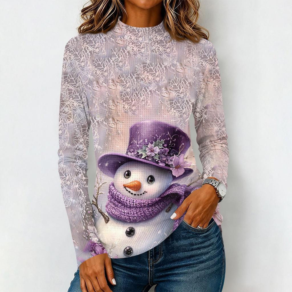 Women's Long Sleeve Knit T-Shirt with Neck and Christmas Print for Casual Wear