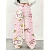 Cute Pink Plaid Duck Print Casual Pants, Women's Design, Elastic Belt with Drawstring Design