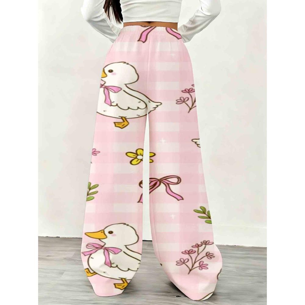 Cute Pink Plaid Duck Print Casual Pants, Women's Design, Elastic Belt with Drawstring Design