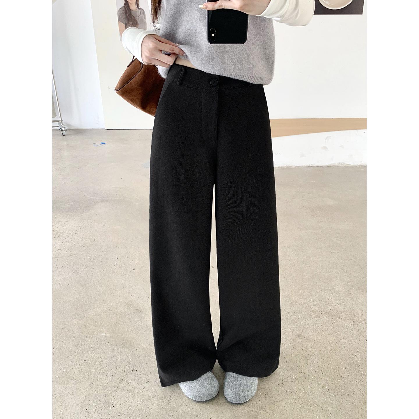 

Apricot Wool High-Waisted Wide-Leg Pants for Women - Autumn/Winter Floor-Length, Slimming Casual Style Black