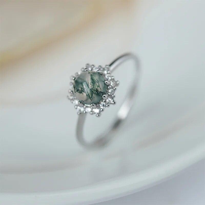 Luxurious Natural Stone Texture Different Green Moss Grass Agate Vouple Flower Ring For Women Sterling S925 Silver Gift Jewelry