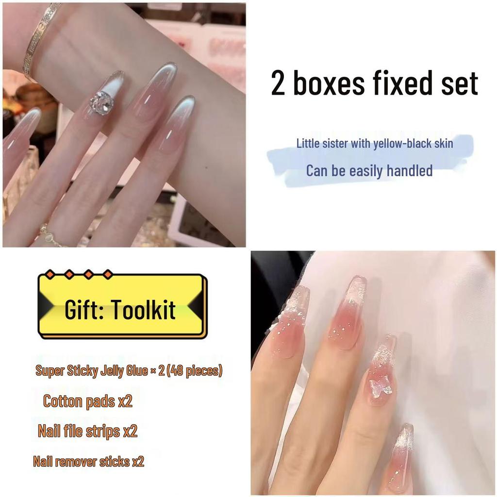 Popular Handmade Heart Bow Pearl Chain Nail Art Tips - Set of 30 Wearable Fake Nails