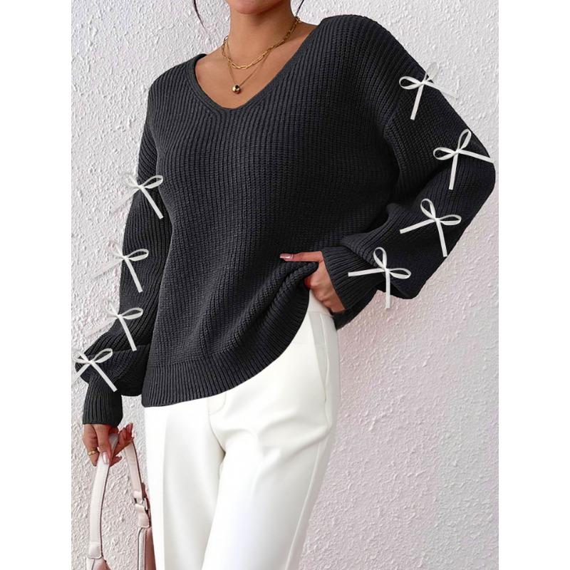 Women's Autumn Winter Tops  Clothing Ribbon Bow Decoration Pullover Sweater