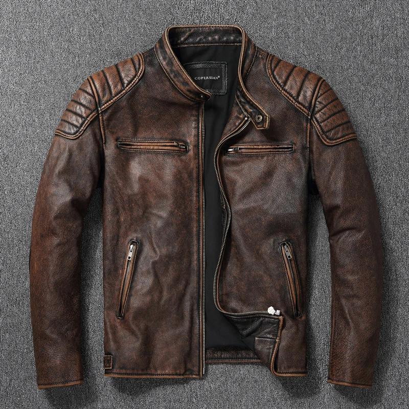 Leather Jacket Layer 100% Cowhide Leather Clothes Men's Stand Collar Motorcycle Clothes  Autumn Winter Plus Size