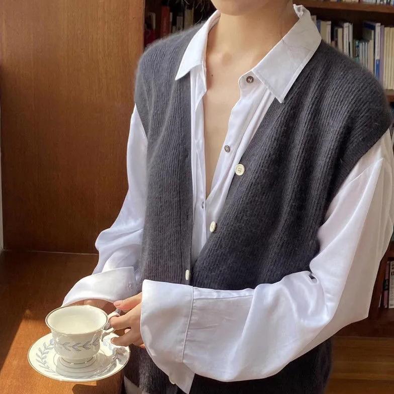 WTEMPO Solid Color Knitted Vests Office Ladies Elegant V-Neck Button Cardigans Coats Women's Spring Autumn Loose Sweater Vests