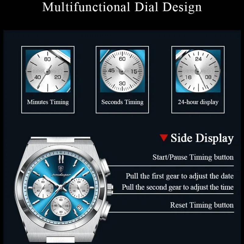 POEDAGAR Luxusní hodinky Quartz Sportovní vojenské hodinky pro muže Vodotěsné hodinky z nerezové oceli se světelným datem a chronografem