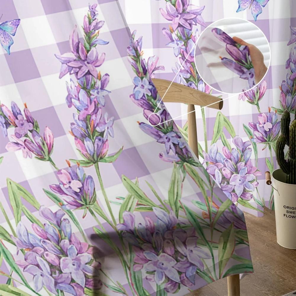 Violet Purple Lavender Floral Butterfly Plaid Violet Purple Transparent Curtains Living Room Decoration Window Panel Curtain Cooking Area Netting