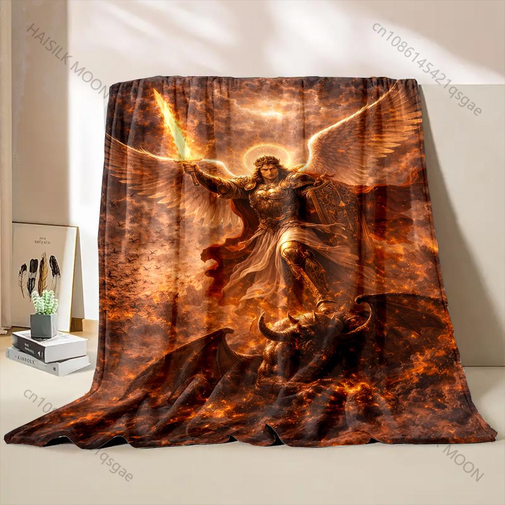 1PC Angel with sword defeating demon Print Blanket Warm Soft Fluffy Kids Adult Sofa Bed Throw Blanket Outdoor Travel Camping RV