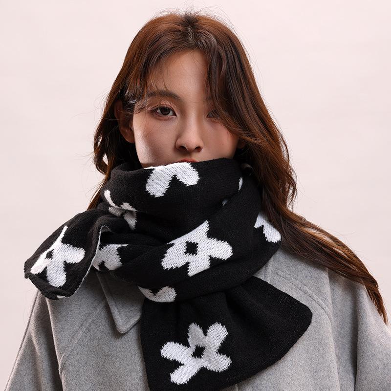 

Двусторонний вязаный шерстяной шарф с маленьким цветком для женской осени и зимы, черно-белый, универсальный, студенческий, весенне-осенний, имитация 165*25