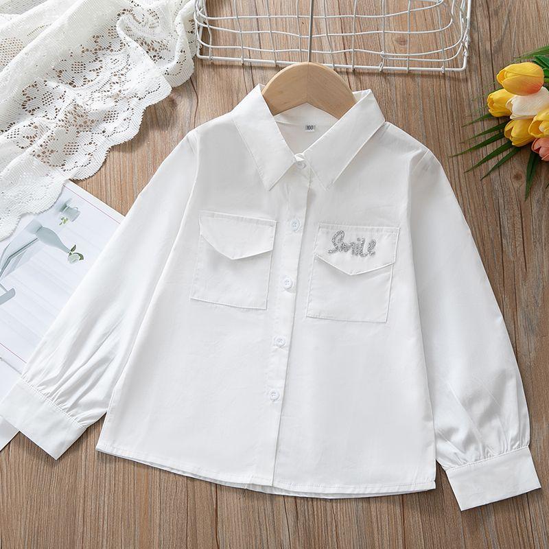 Meisjestrui met lange mouwen: Preppy-stijl kinder overhemd van 100% katoen met witte kraag