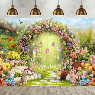 Spring Easter Egg Butterfly Wreath Arch Banner Background Children's Birthday Party Home Decoration Photography Backdrop Cloth