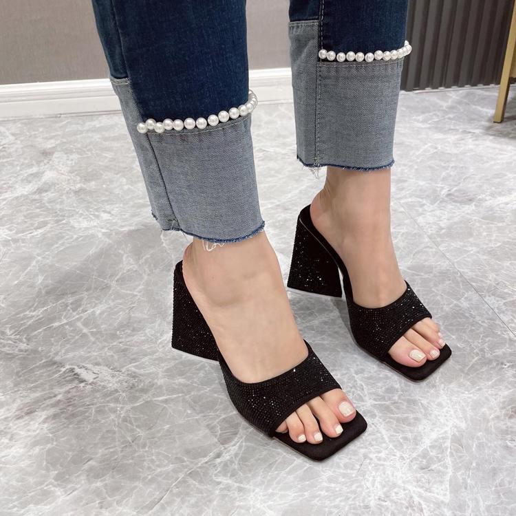 Fashion Women High Heels Slippers  New Summer Rhinestones Triangle Thick Heel Slippers Sexy Square Toes Woman Dress Party Shoes