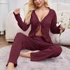 Spring Autumn Solid Pajamas Homewear Set Long-Sleeve and Long Pants Sexy V-Neck Lace Up Cardigan Two-piece Pj Sets Sleepwear