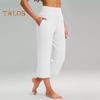 Women Yoga Pants Elastic High Waist Loose Leg Cropped Trousers with Pockets Sporty Casual Style Pants