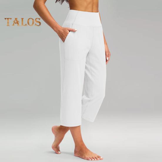 Women Yoga Pants Elastic High Waist Loose Leg Cropped Trousers with Pockets Sporty Casual Style Pants