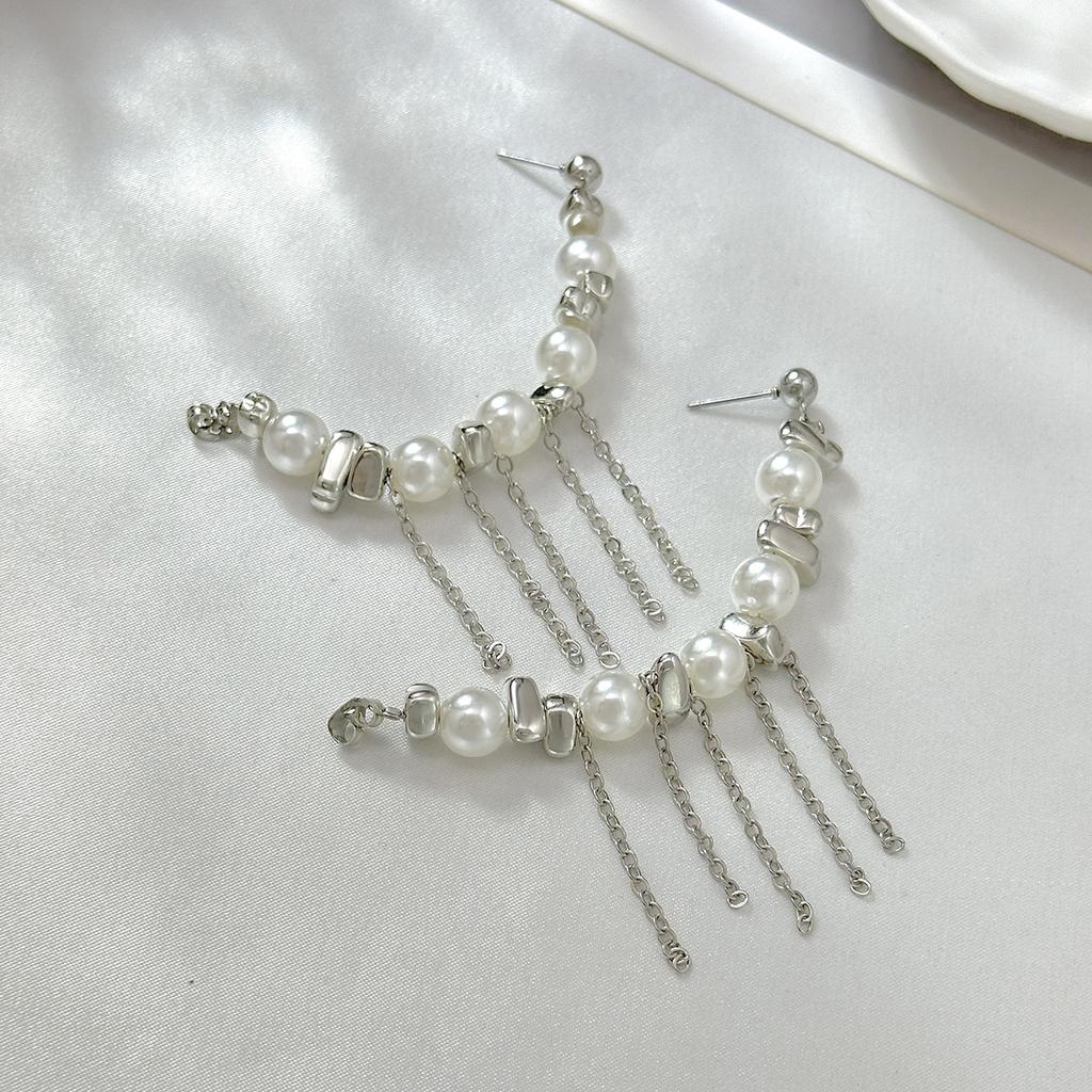 Simple Irregular Beaded Imitation Pearl Earrings, Fashionable Fringed Chain Earrings Earrings