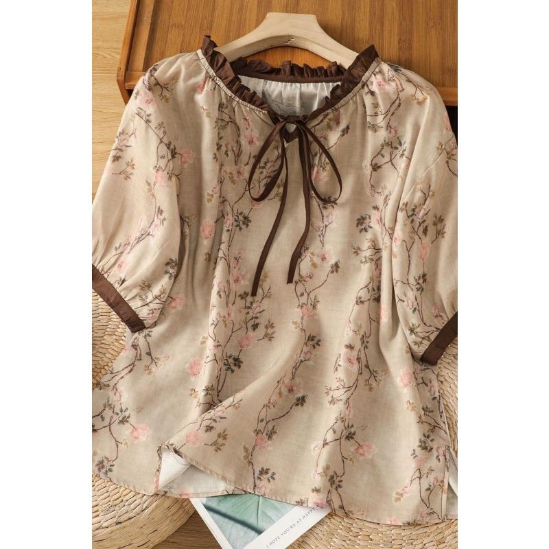 Literary Retro Fungus Collar Lace-up Printed Shirt Fashionable Round Neck Short-sleeved Pullover Comfortable Pullover Top