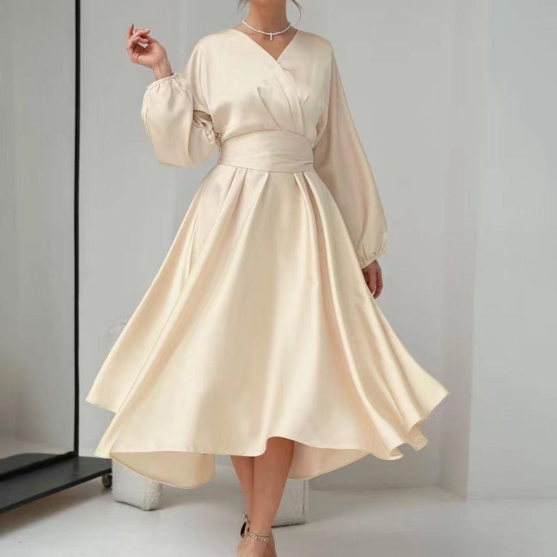 

Fashion Wind New Arrival Dress Puff Sleeves Waist-Tight Temperament Long Dress V-Neck Bubble Sleeve Dress Apricot color S