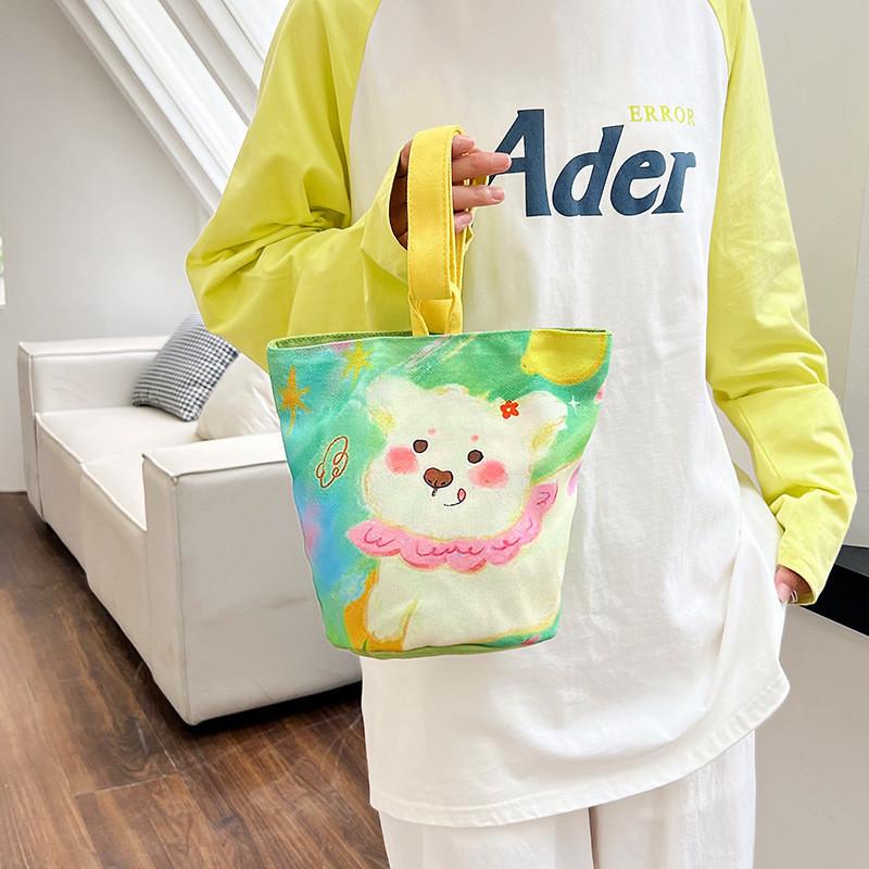 Charming Cartoon Printed Medium Canvas Handbag Unique Bucket Style Mom Bag