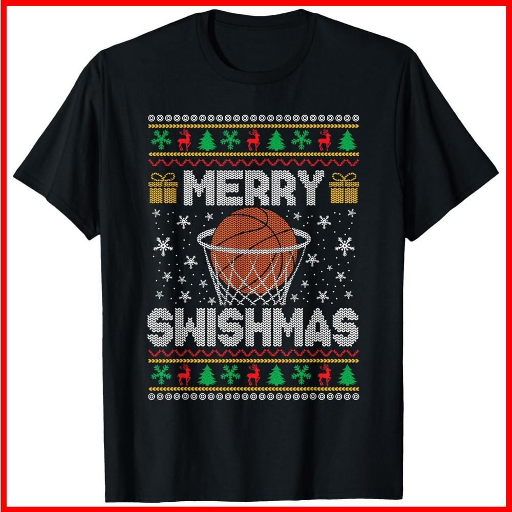 Merry Swishmas Ugly Christmas Basketball Christmas Black Cotton T-Shirt Unisex T-Shirt L