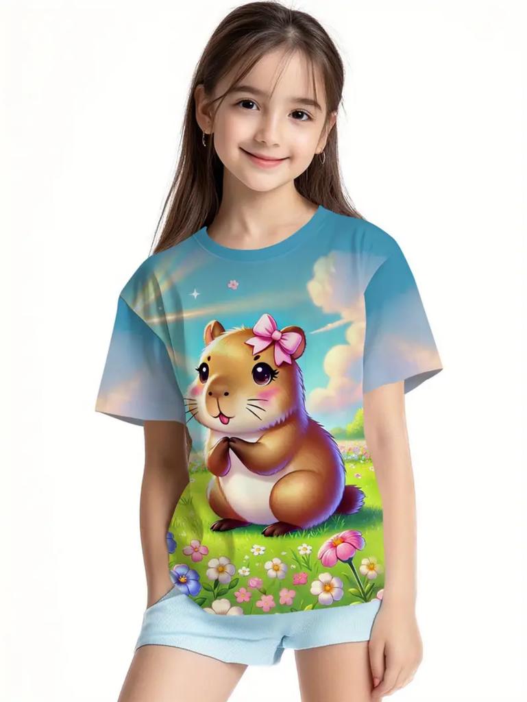 Cute Capybara Pattern Children's Clothing, Girls' Short-sleeved T-shirts, Loose-fitting Pullovers, Boys' Casual T-shirts.