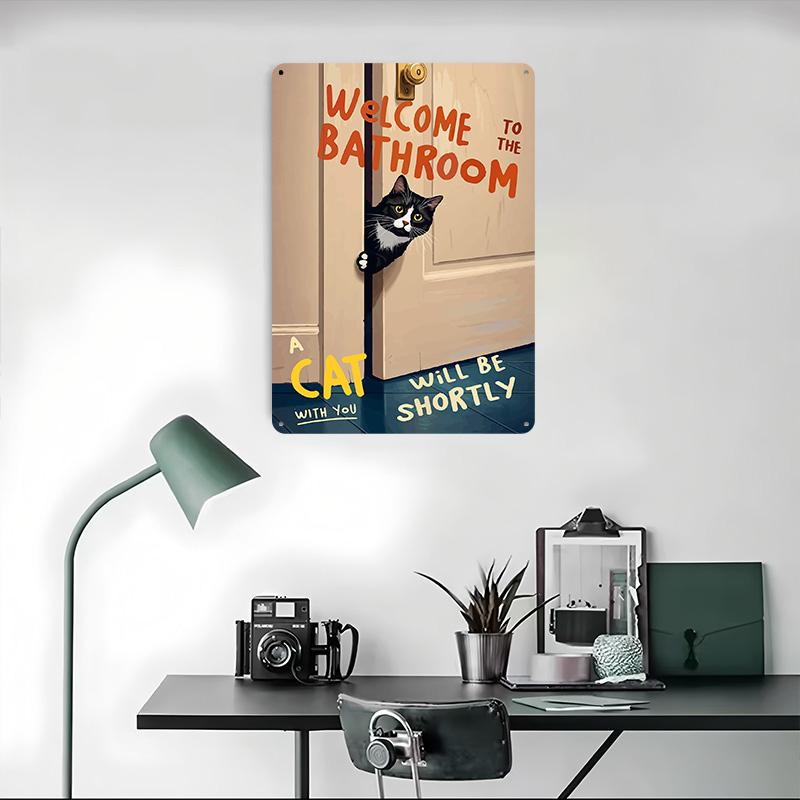 Welcome Bathroom Cat Art Tinplate Poster Customized Wall Art Vintage Metal Signs Retro Tin Plaque for Bar Accessories Desk Decor