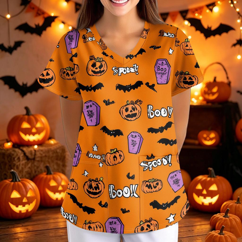 Loose Fit V Neck Short Sleeve Halloween Print Medical Scrub Top with Pockets for Women Nurses Caregivers Workwear