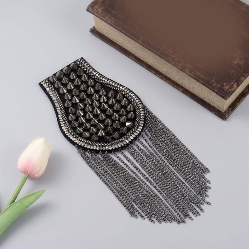 Sew-On Epaulette Shoulder Bar Accessory with Rivet Studs and Layered Metal Chain for Punk Theme Clothing Enhancement