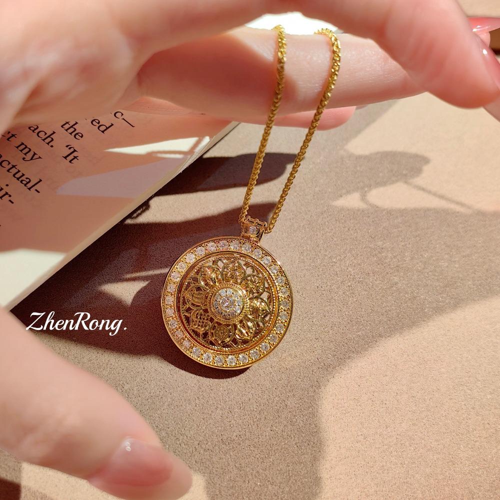 Vintage Gold Pigeon Blood Ruby Eight Auspicious Pendant Necklace Red Corundum Rotating Compass for Women