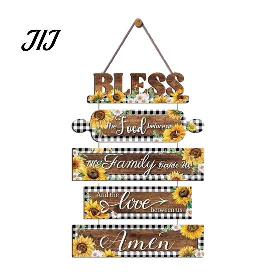 Kitchen Wall Plaque with Rope Wooden Decor, 5 Panel Bless Food Family Love Entryway Decorative Hanging Sign Sign, Farmhouse Art for Dining Room Living