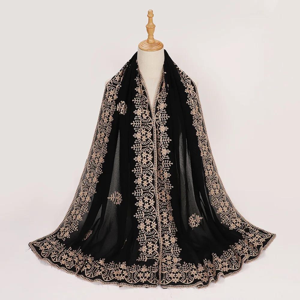 

Black Embroidery Hijab Scarves Muslim Women Shawls Wrap Turban Stoles Bandanas Headband Bufanda Foulard Turbante Mujer 70*190cm