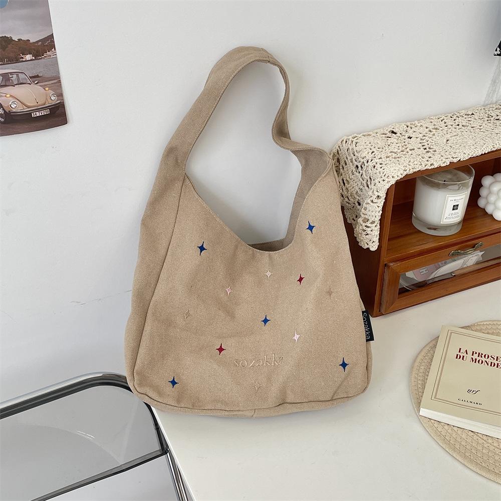 

Сумка подмышку с вышивкой в виде звезд, холщовая сумка большой вместимости, школьная сумка для студенток, дорожная сумка хаки