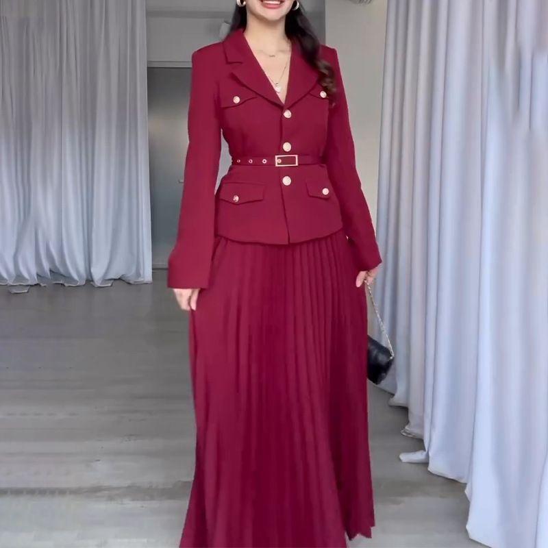 

2025 Spring New European and American Amazon Foreign Trade Cross-Border Solid Temperament Lapel Suit Pleat Skirt sets Red M