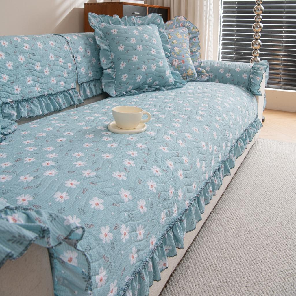 Spring Light Blue Floral Quilting Sofa Cover, For Living Room 1/2/3/4 Seater Couch Seat Cover Slipcover Sofa Towel With Ruffles