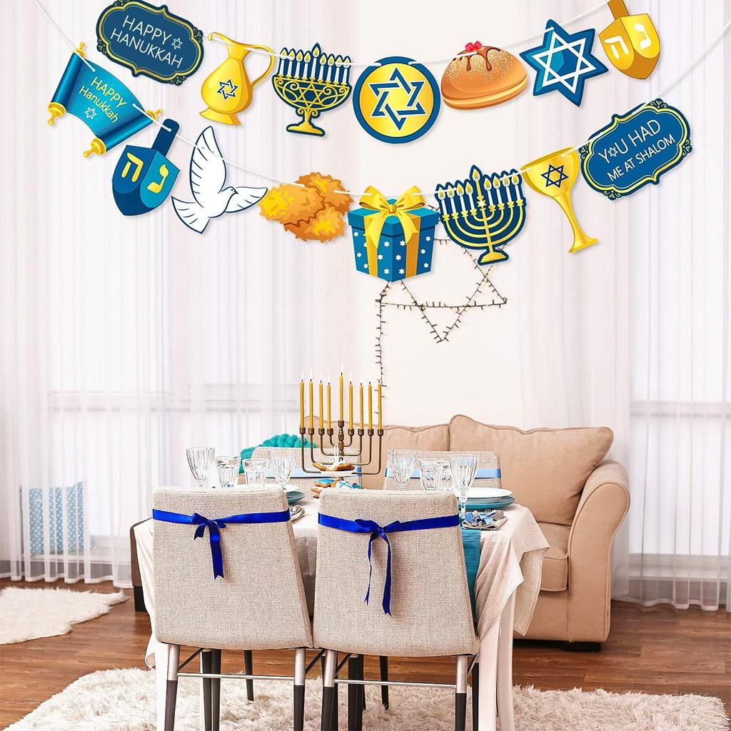Blulu Hanukkah Decorations Banner Pre-assembled Chanukah Garland Happy Hanukkah Banner Backdrop Props for Home Indoor Holiday Party Decor Supplies