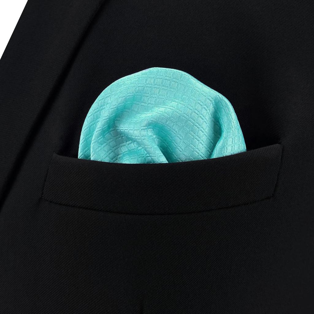 SHLAX&WING Necktie and Pocket Square Set, Solid Color, Aqua Indigo Silk, 147cm x 8cm