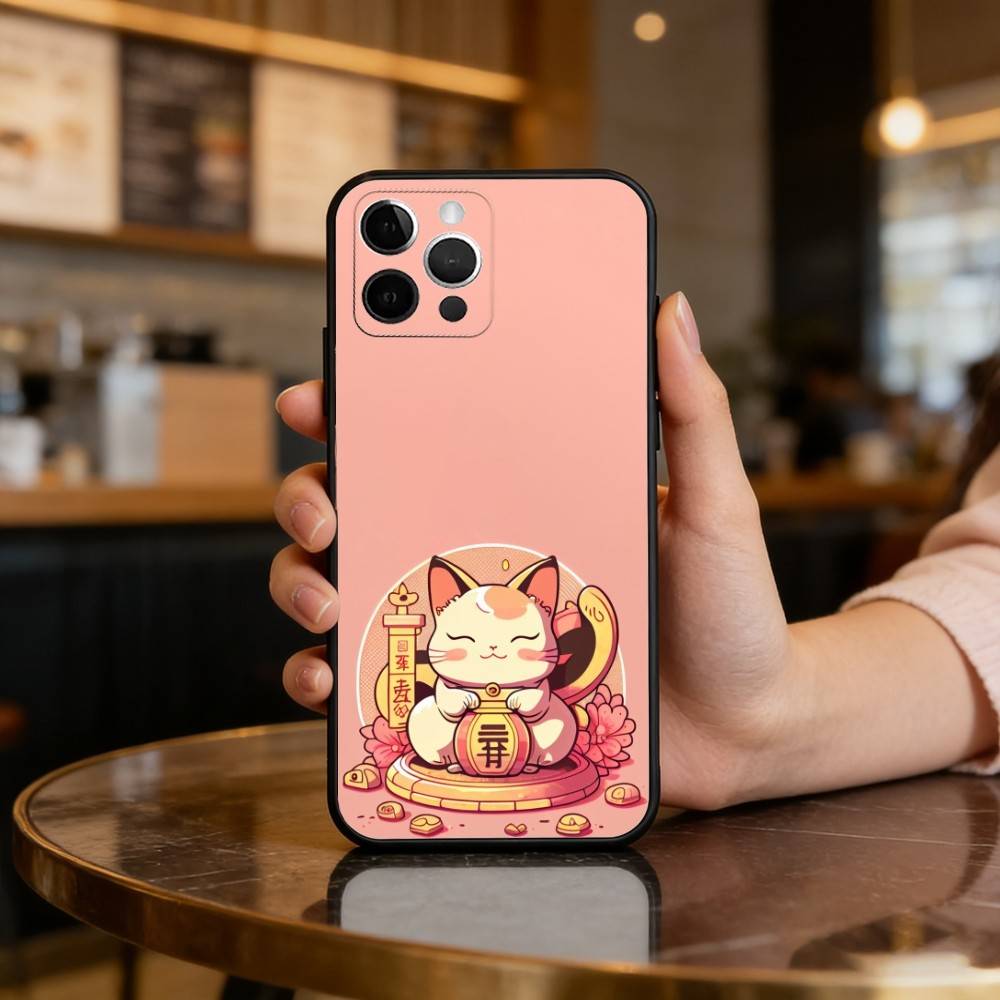 C-Cartoon Lucky Cat Soft Silicone Black Cover,Phone Case For iPhone 17,16,15,14,13,12,11 Plus,Pro Max,XS