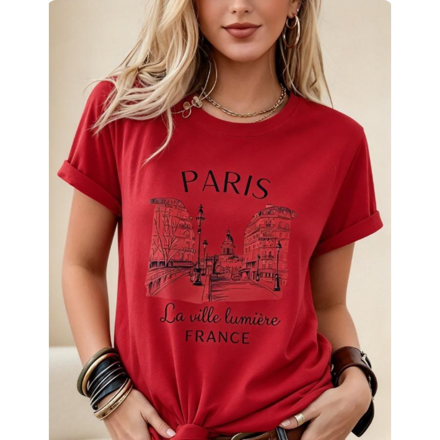 Daily Wear Basic Top Tee Fashion New Women Crew Neck Short Sleeve T-Shirt, Loose Casual Paris Graphic Print