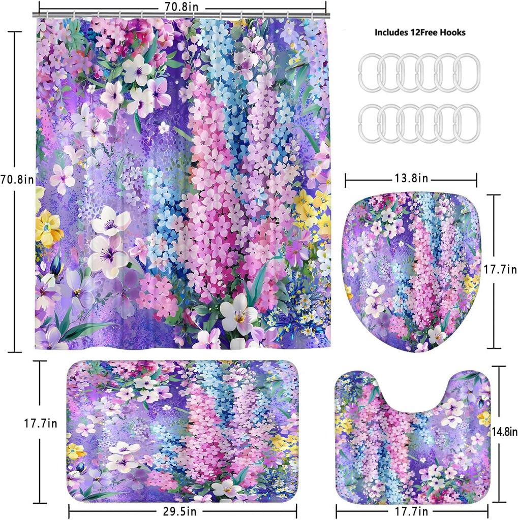 4-Piece Purple Floral Shower Curtain Cute Colorful Flower Bathroom Set with Shower Curtain and Rugs, Pretty Funky Watercolor Clo
