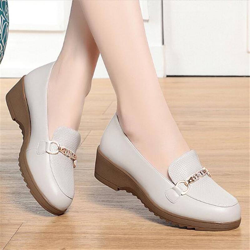 Brand Genuine Leather Women Shoes Round Toe Casual Comfortable Women's Wedge Shoes Spring Autumn Fashion Mother Shoes