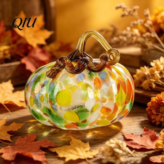 Fall Season Decoration Mini Hand Blown Glass Pumpkin Ornament, Collectible Thanksgiving Halloween Transparent Figurine Faux Crystal Hanging for Fall,
