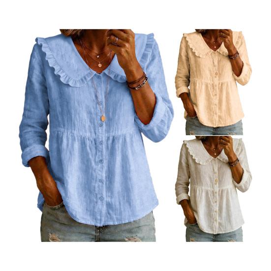 Women Shirt Ruffled Large Lapel Long Sleeve Buttons Placket Shirt Tops Pure Color Loose Fit Mid-Length Hem Casual Tops