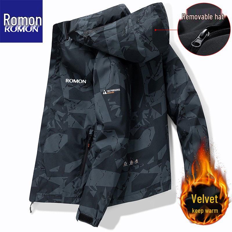 Romon Herren Camouflage Fleecegefütterter Kapuzen-Wasserabweisender Windbreaker Parka