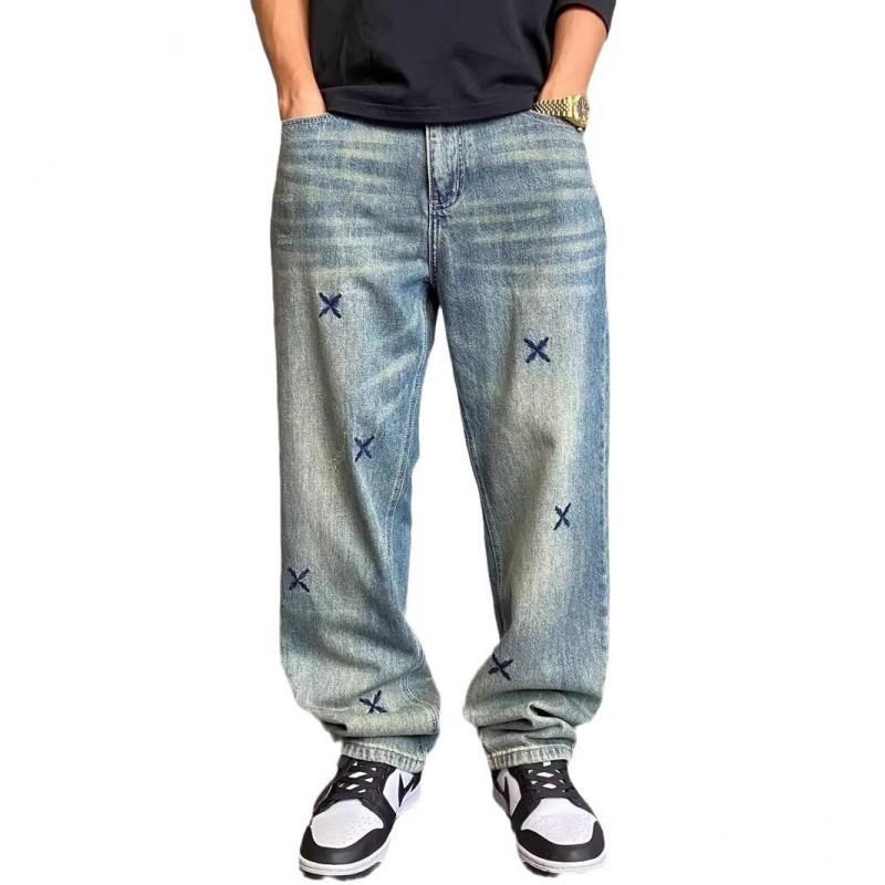 Mens Relaxed Fit Straight Leg Denim Jeans With Embroidery Vintage Style Casual Pants Fall
