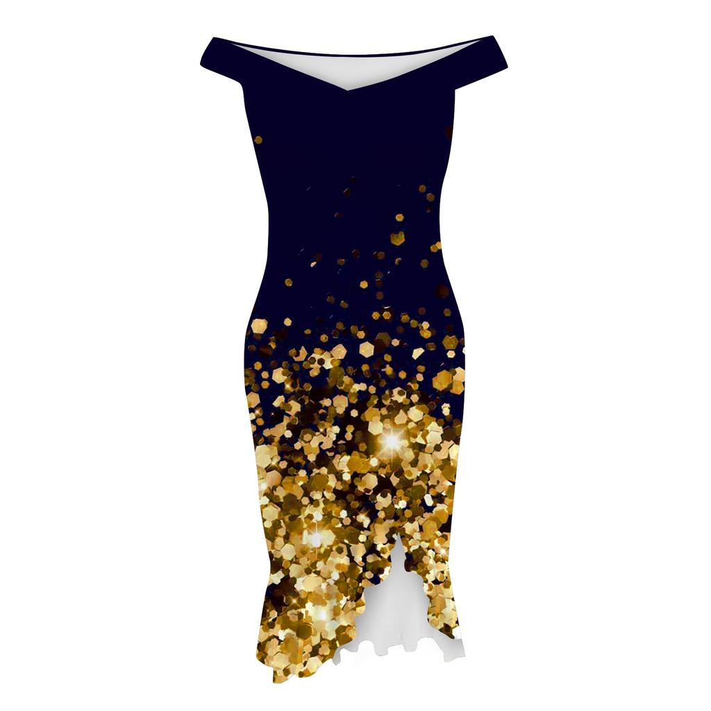 Mote Sexy Sommer Off Shoulder Kortermet paljett Ruffle Uregelmessige kjoler for kvinner