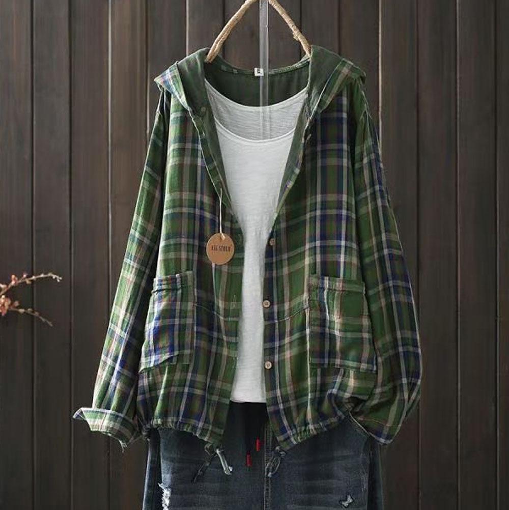 Women's Hooded Double-layer Cotton Yarn Plaid Shirt   Literary Retro Casual Cardigan Top Jacket