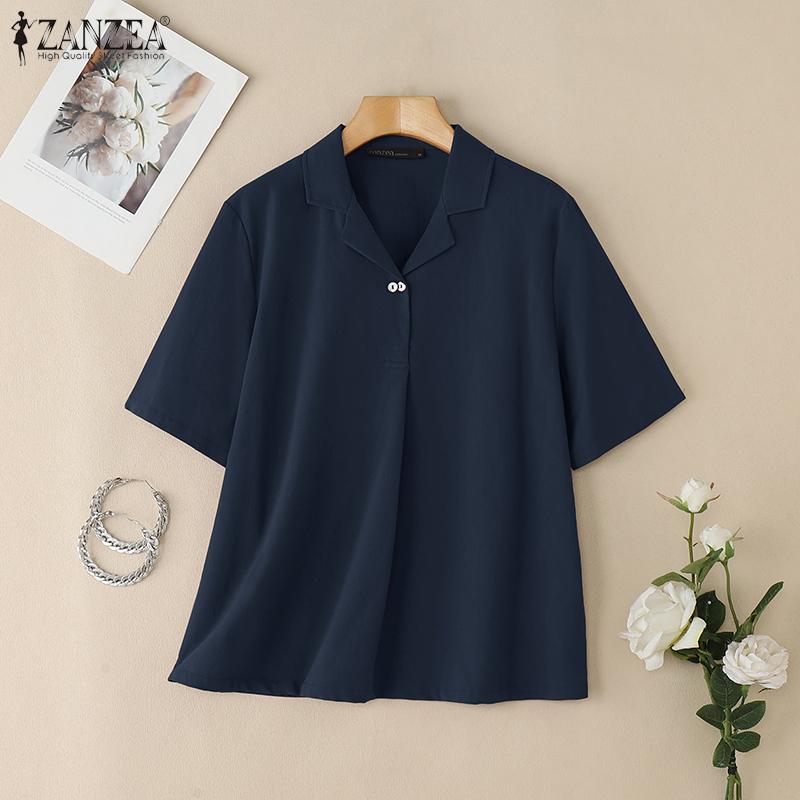 ZANZEA Damen Lässig Umlegekragen Locker Kurzarm Baumwollbluse